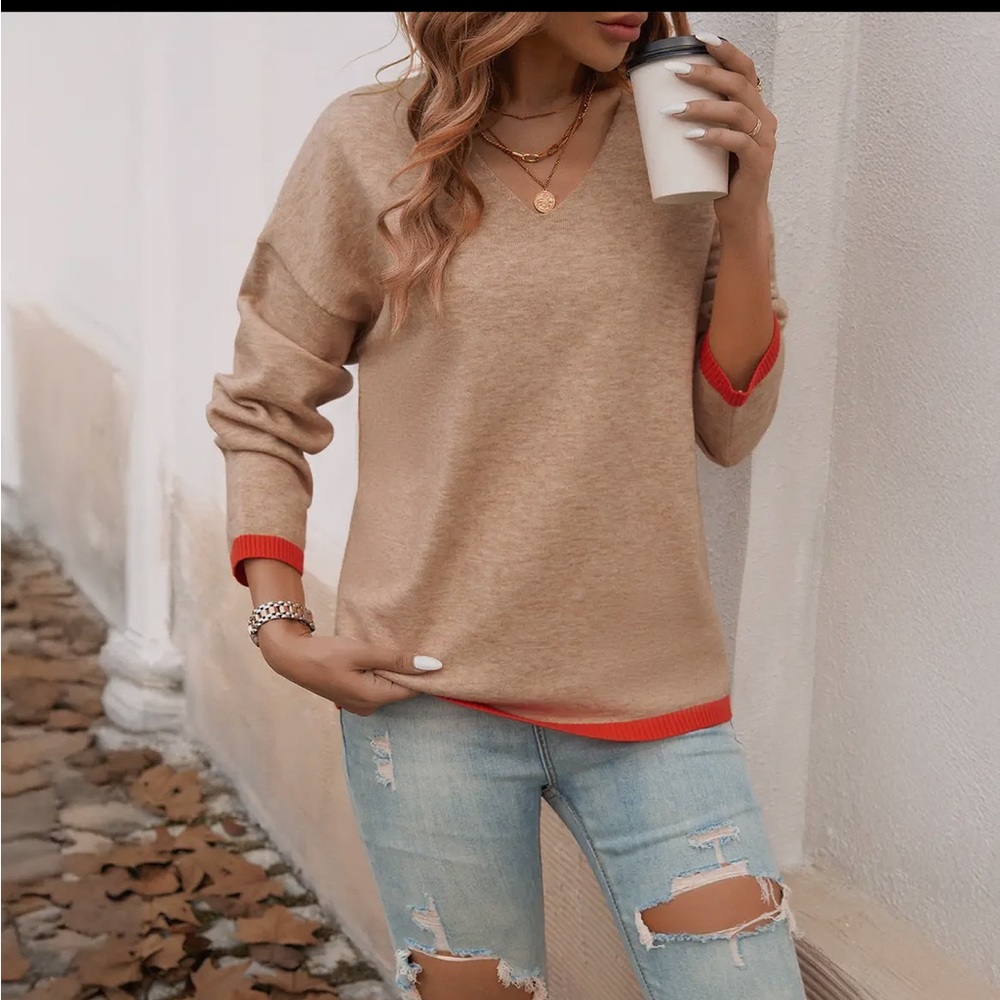 Tan Sweater with orange Accents